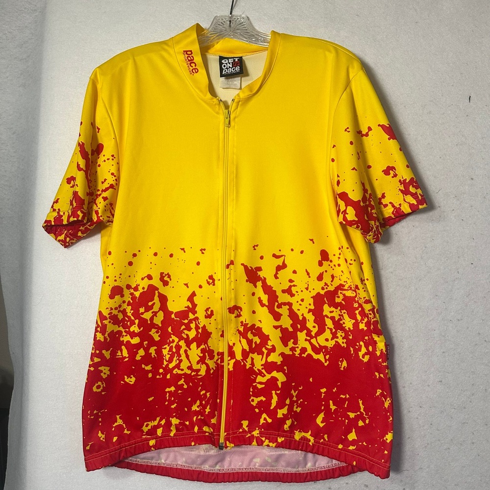 Pace Sportswear Mens Cycling Jersey XL Yellow‎ Red Splatter Koolnit Full Zip